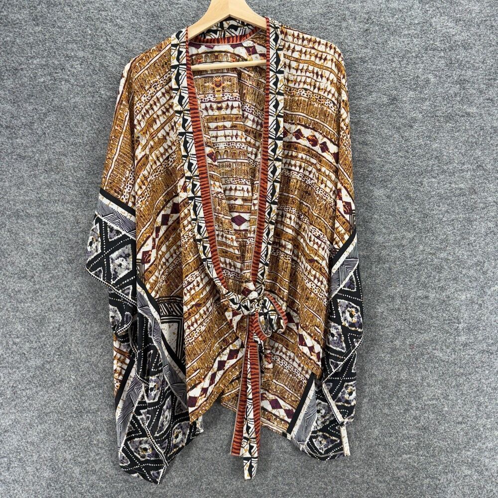 Unbranded Top Women M Medium Brown Striped V-Neck 3/4 Sleeve Tie Up Casual